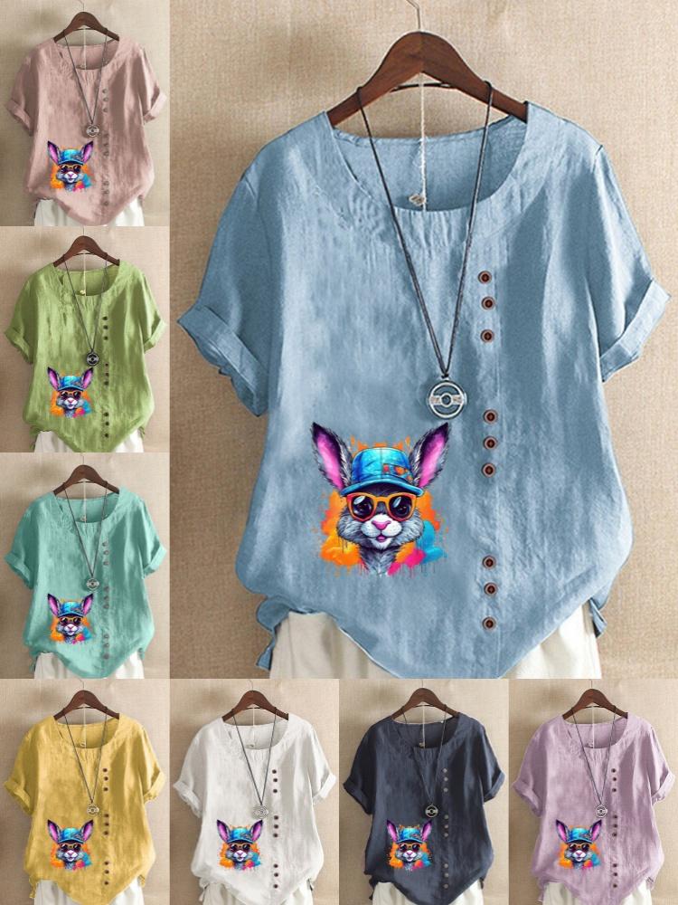 Women's Fashion Colorful Rabbit Print Round Neck Short Sleeve T-shirt Summer Casual Cotton Linen Graphic Shirt Leisure Loose Blouse Tops