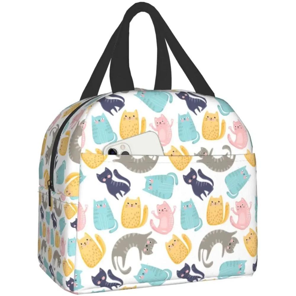 Cat Insulated Lunch Bag Reusable Cooler Thermal Tote Bag with Front Pocket for Women Men Travel Work Hiking Picnic Lunch Box