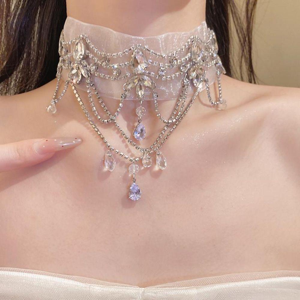 Chiffon Choker Necklace Rhinestone Teardrop Pendant Gifts Collar Necklace  Party Outfit