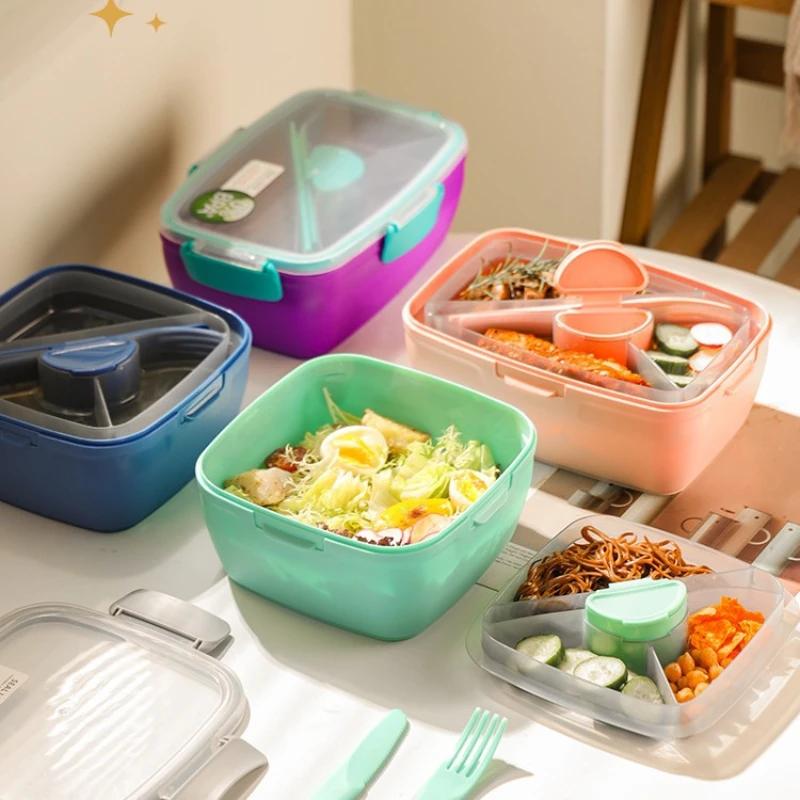 Double Layer Picnic Salad Lunch Box Compartment Bento Boxes with Tableware Carrying Handle Box Reusable Food Storage Containers