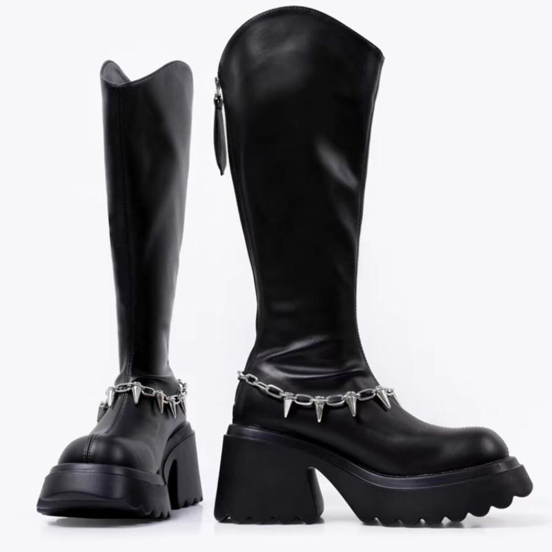 Chain High Heels Women Knee High Boots Fad Platform Leather Shoes Brand Designer Chunky Shoes Winter 2025 Trend Goth Botas Mujer