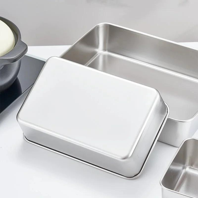Stainless Steel Square Plate With Lid Rectangular Food Storage Pan Commercial Dish Tray Large Freshing Lunch Box Container