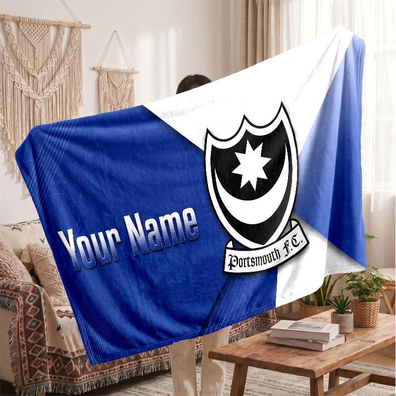 Portsmouth FC Personalized Fleece Blanket With Football Logo, Custom Name Text Soft Warm Home Throw Blanket