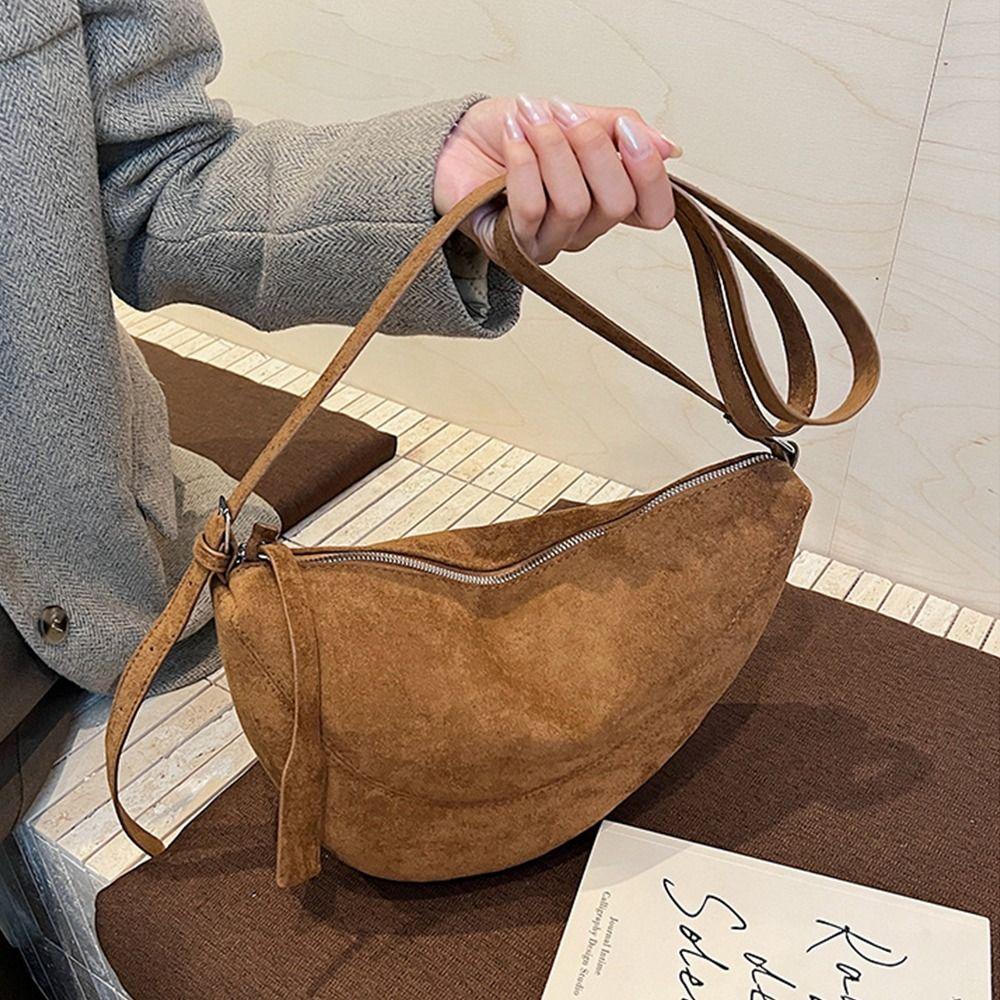 Simple Suede Leather Crossbody Bag Zipper Soft Shoulder Bag Commuting Bag Commuting