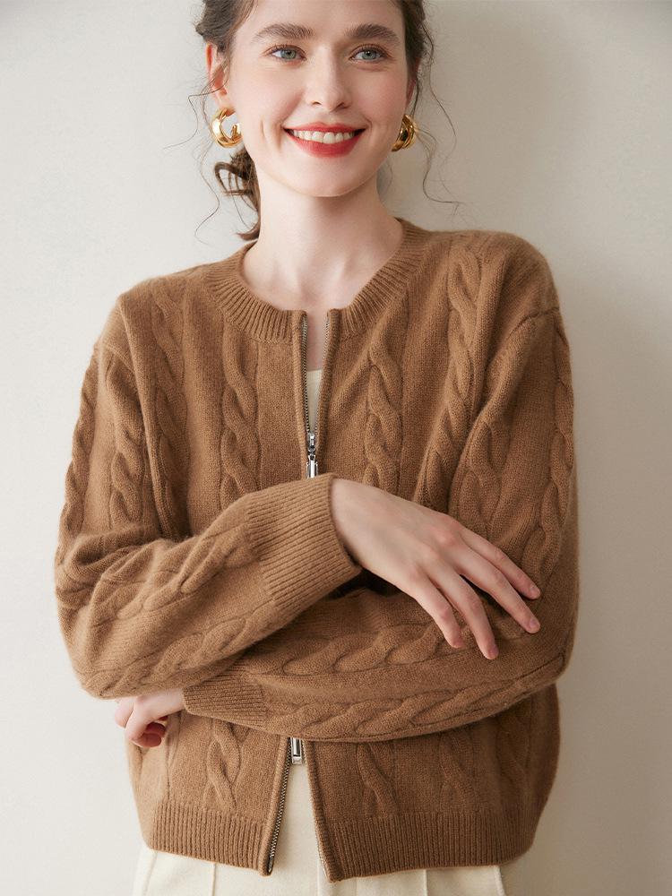 Women's Thick Cable Knit Cashmere Cardigan - Round Neck Zipper Sweater for Autumn/Winter