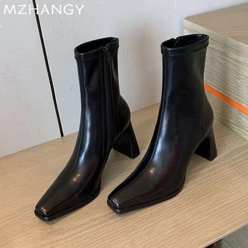 Женские кожаные ботильоны с квадратным носком и высоким каблуком, женская мода 2025 года, элегантные зимние модные зимние мотоциклетные ботинки Mujer Botas