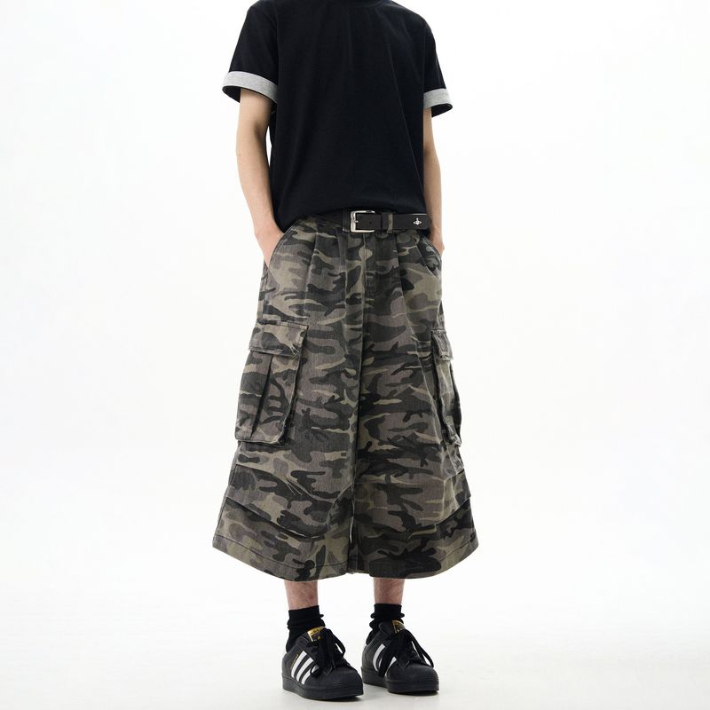 Kisko American Retro Washed Distressed Camouflage Wide-Leg Denim Shorts for Men and Women, New Loose Straight-Leg Cropped Pants