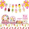 Ice Cream Birthday Party Decoration Kids Toy Baby Shower Disposable Tableware Paper Plates Cups Balloons Flag Party Supplies
