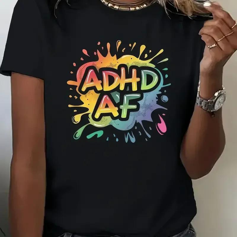 Letter Print ADHD AF Crew Neck Casual Sleeve Top Tshirts Unisexs Clothing Graphic Summer Sleeved Harajuku Streetwear Tops Tees