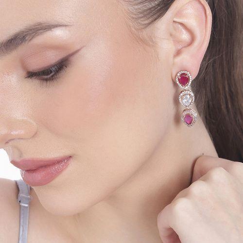 Дизайнерские серьги-капли Estele с покрытием из розового золота, CZ и рубиновыми камнями для женщин