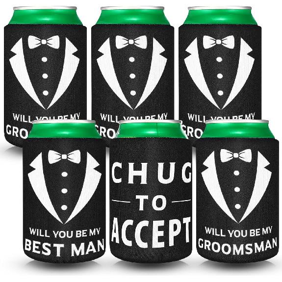6 Pack Groomsmen Best Man Proposal Can Coolers Bachelor Gifts Groomsmen Gifts Funny Novelty Neoprene Hugger Can Sleeve Favors for Bachelor Party for