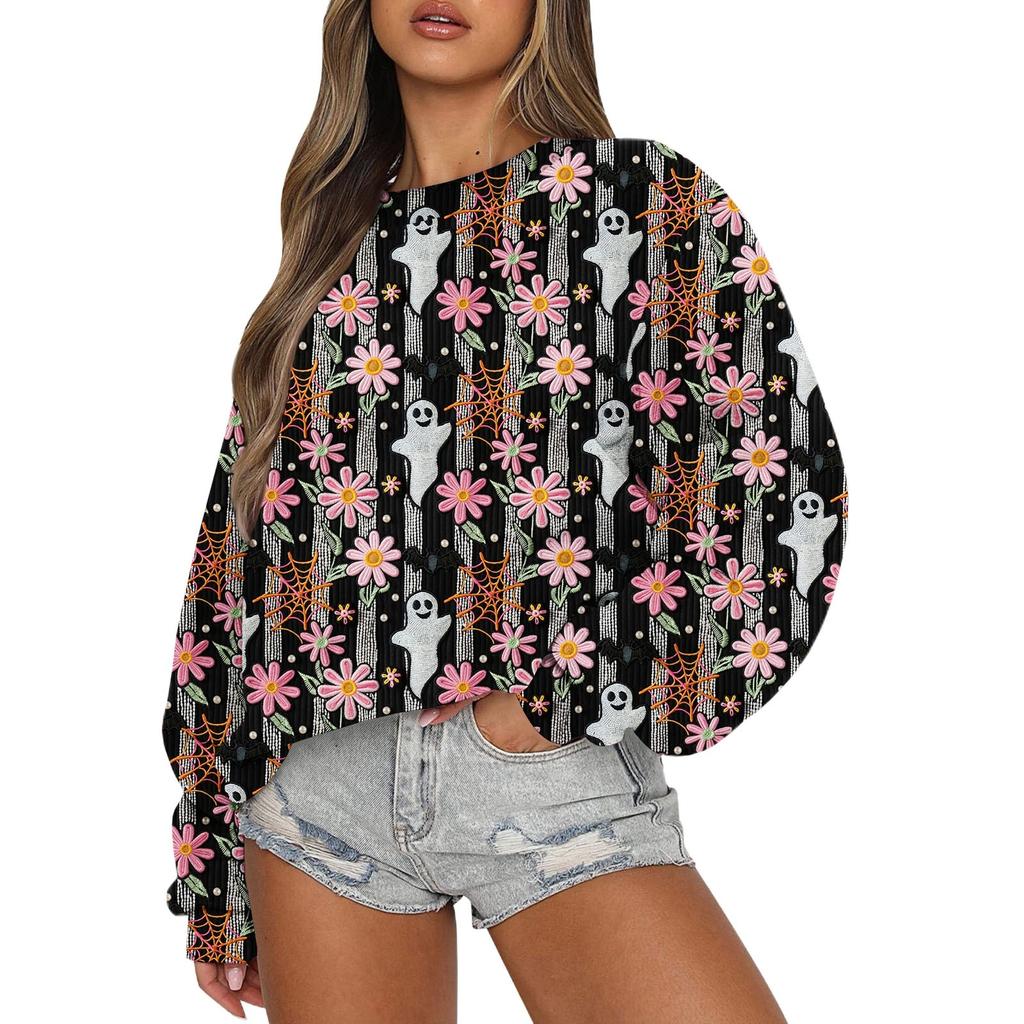 Свитшоты для женщин с длинным рукавом на Хэллоуин, повседневные, с круглым вырезом, свободные, пуловеры, свитшоты, топы