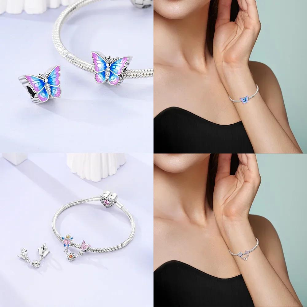 Cute Blue Pink Fantasy Butterfly Series Copper Beads Pendant Fit Bangle Charms Bracelet Diy Women Original Jewelry