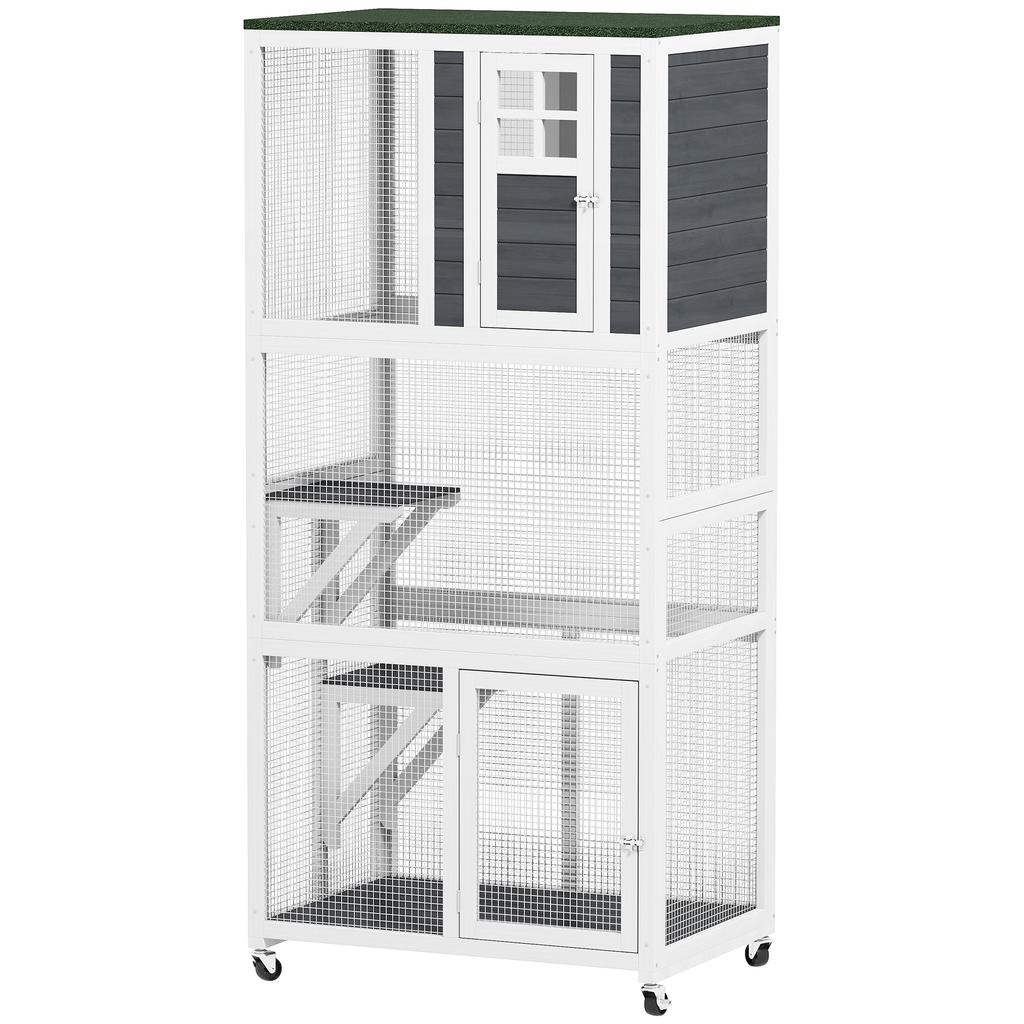 Wooden Catio Cat Outdoor Enclosure Cat Cage With Waterproof Roof Platforms For Multiple Cats White
