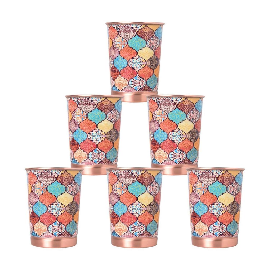 Copper Printed Design 250ML Water Glass with Rust Proof Protection for Home and Office Use Ayurveda and Yoga Health Benefits Glass Set of 6