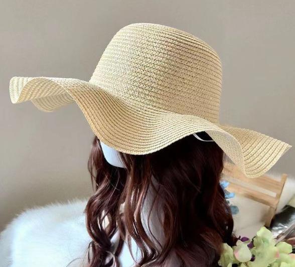 New wavy edge bow straw hat summer large brim sun protection breathable hat embryo light board hat