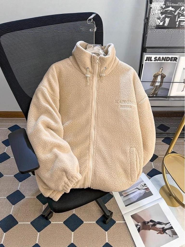 Мужская модная флисовая куртка с воротником-стойкой - Зимняя, из шерсти ягненка, плотная, теплая, повседневная хлопковая куртка