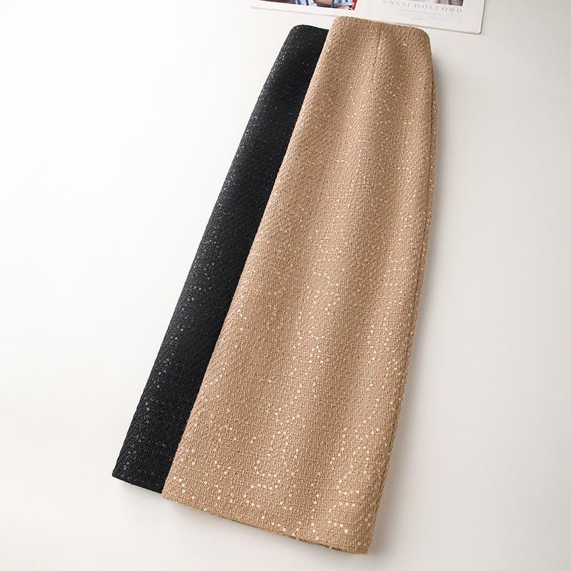 2024 Женская желтая твидовая юбка миди с пайетками – Осенне-зимняя прямая облегающая