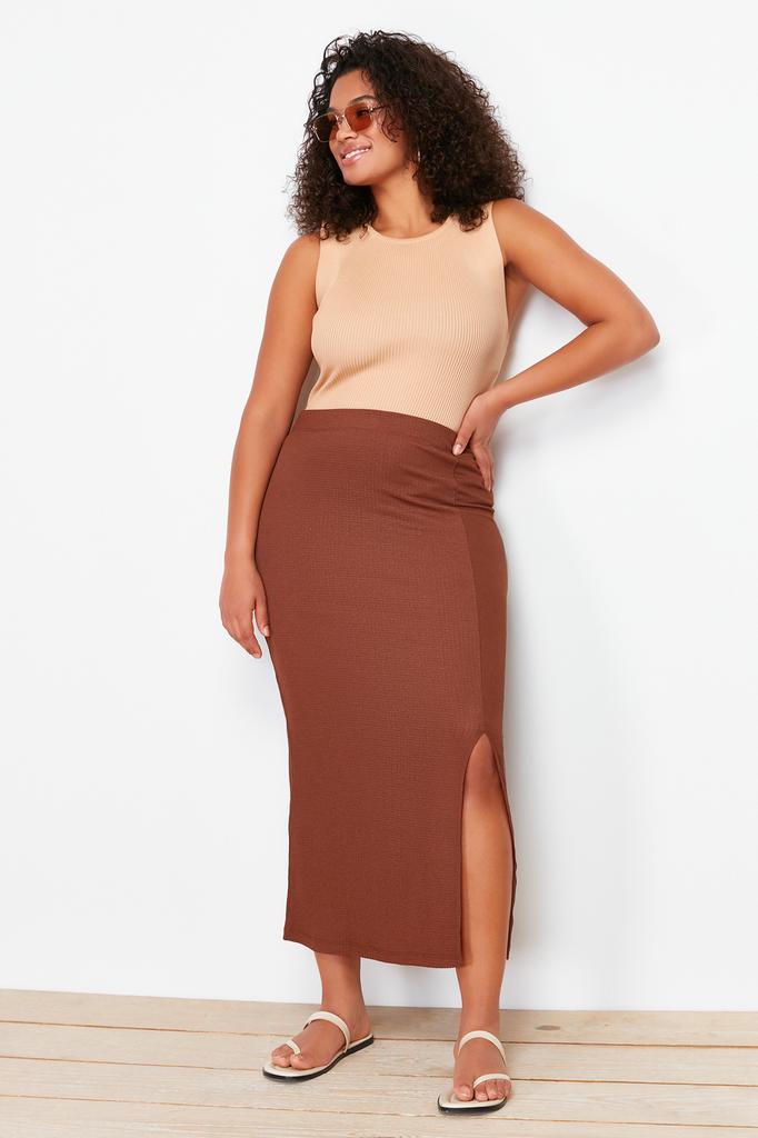 Женская модная коричневая трикотажная юбка большого размера больших размеров с разрезом
