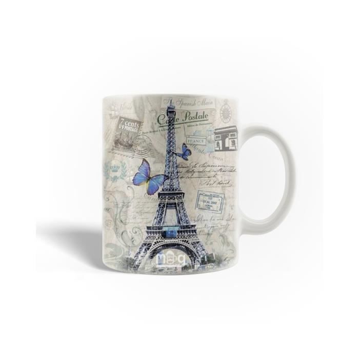Mug - La Tour Eiffel - Papillons violets - Céramique - 30cl - Compatible lave-vaisselle