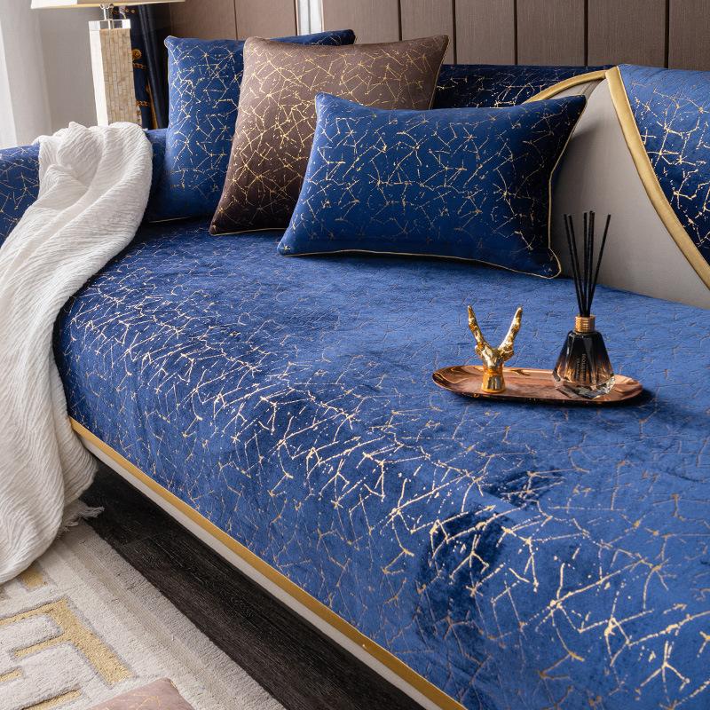 High-end Black Gold Leather Sofa Cushion Modern Non-slip Anti Cat Scratching Chair Pad Satin Edging Recliner Cover Towel Winter