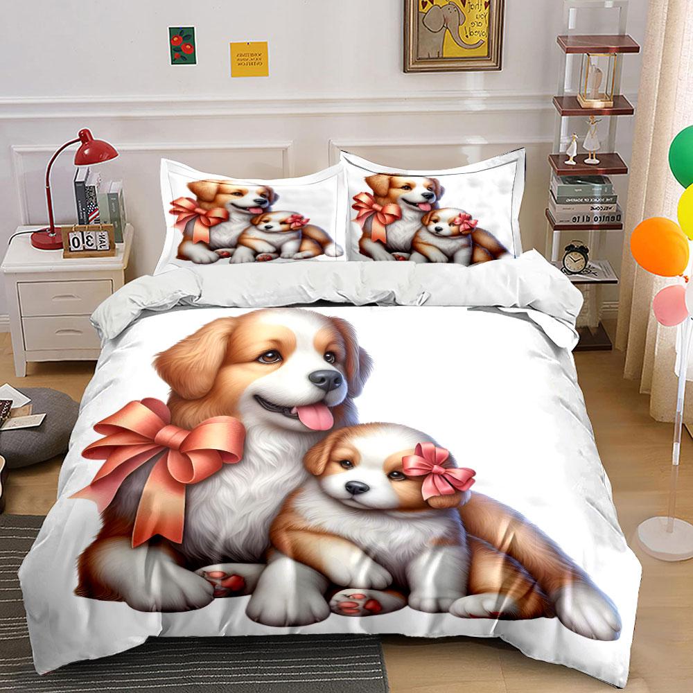 Adorable puppies ribbons radiating warmth Bedding sets Duvet cover sets Duvet covers Pillowcases(1* Duvet Cover 2 * Pillowcases, without duvet insert)