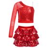 Kids Performance Costume Sequins Adorned One Shoulder Top with Wide Leg Shorts