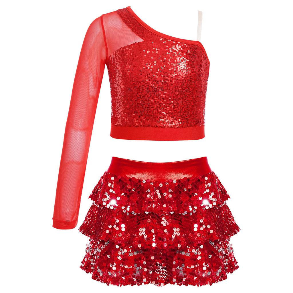 Kids Performance Costume Sequins Adorned One Shoulder Top with Wide Leg Shorts