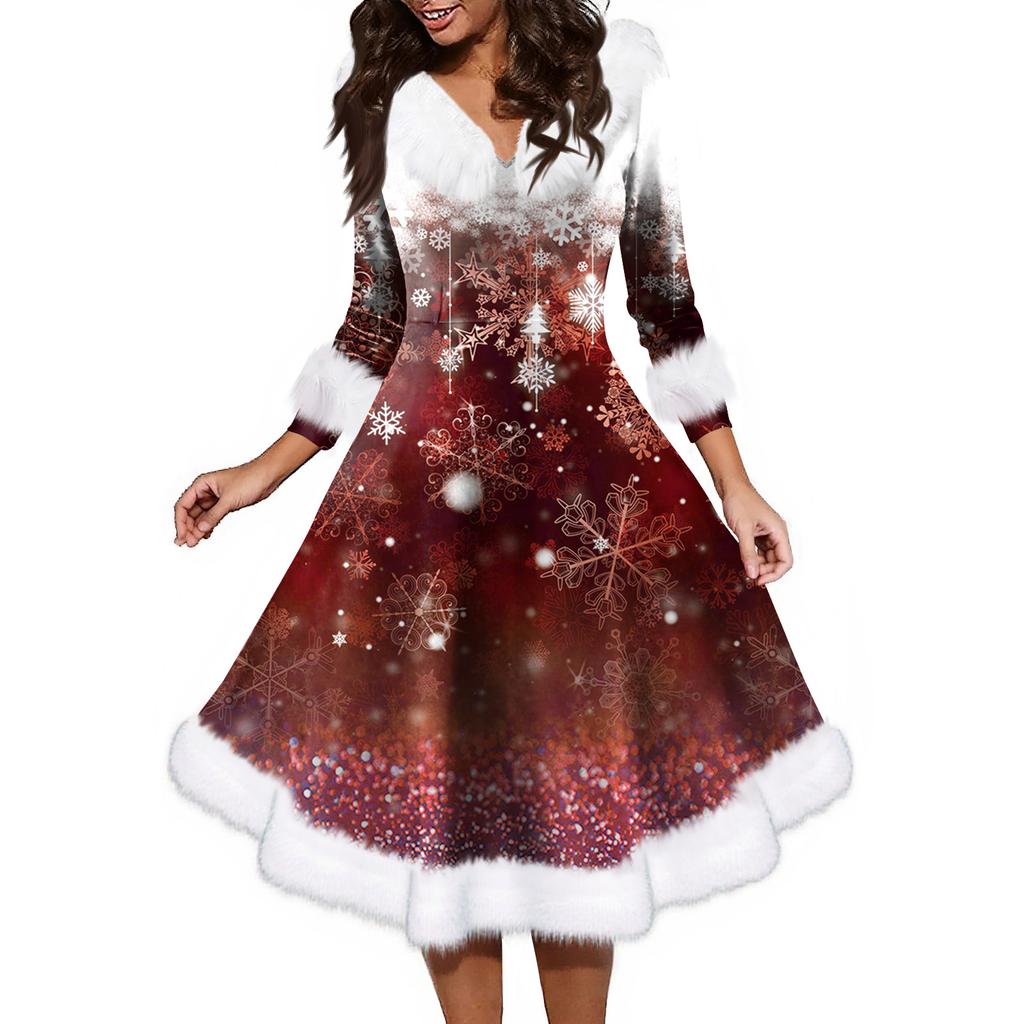 Women's Fashion V-neck Casual Fit Christmas Print Party Long Sleeve Dress