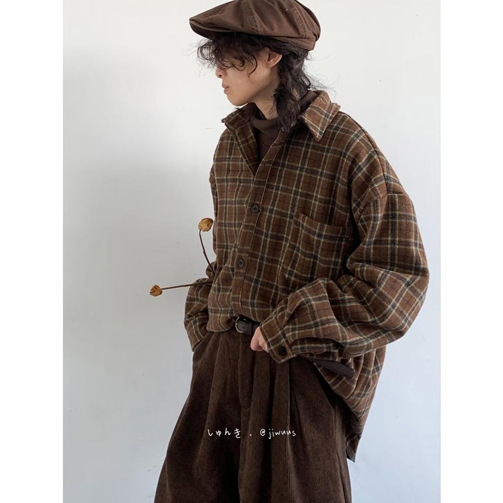 Осенне-зимняя японская клетчатая рубашка, мужская и женская шерстяная свободная рубашка в студенческом стиле, повседневная минималистская рубашка с длинным рукавом, пальто