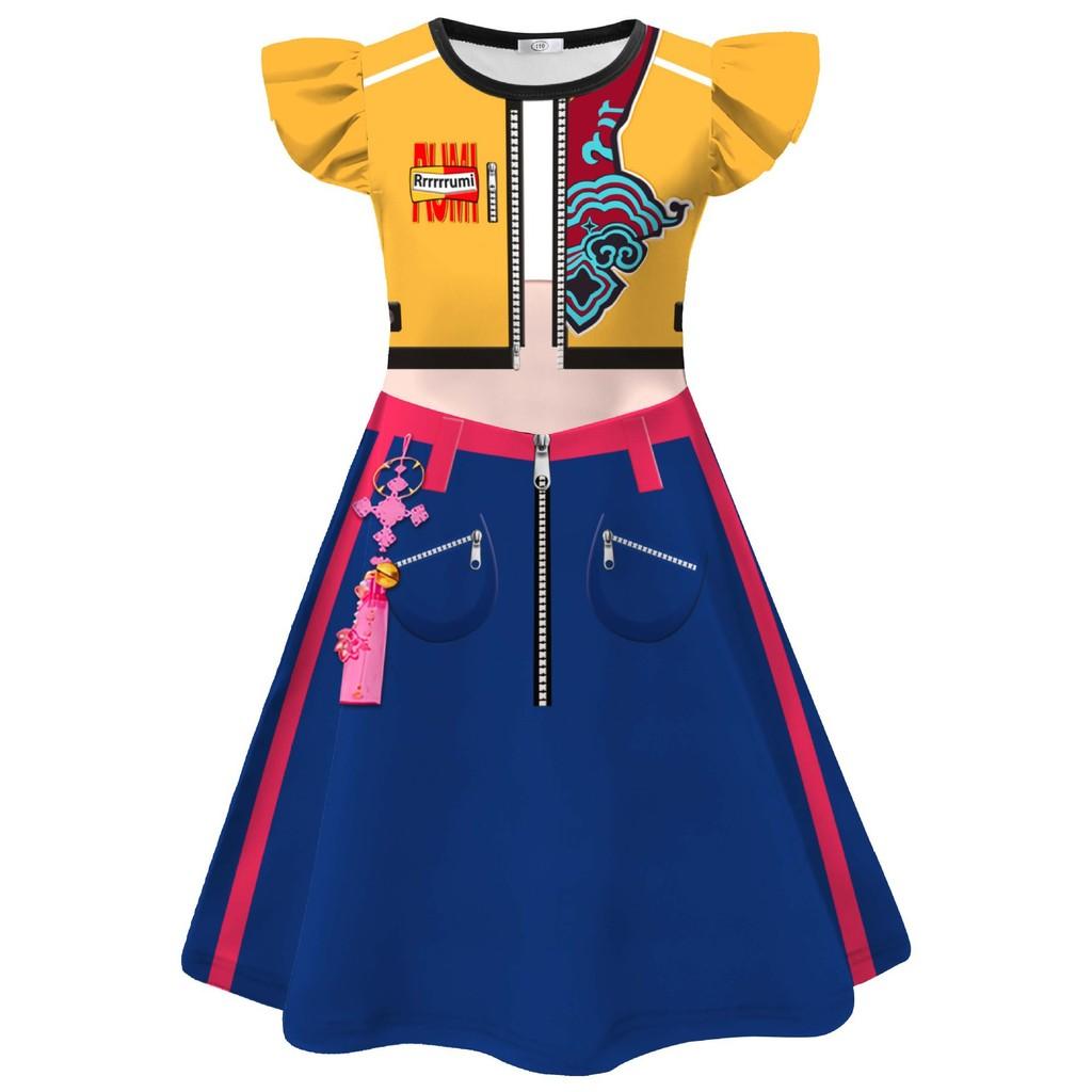 Детское платье для девочек в стиле аниме, мультяшное, K-pop, принт суперзвезды-певицы, рукава с оборками, круглый вырез, повседневное, костюмы для Хэллоуина для косплея