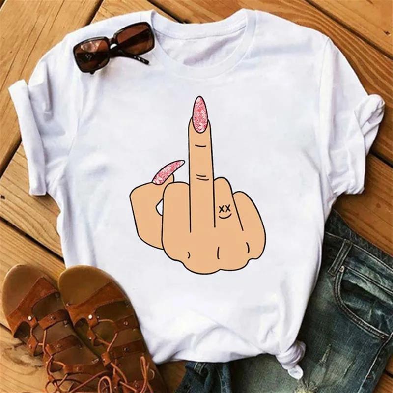 Middle Finger Print T Shirt Women Short Sleeve O Neck Loose Tshirt Summer Women Causal Tee Shirt Tops Camisetas Mujer