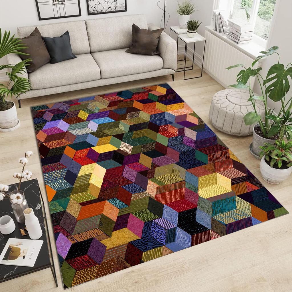 Blue & White Geometric Square Print Area Rug, Modern Abstract Non-Slip Floor Mat for Living Room Bedroom Home Decor Carpet