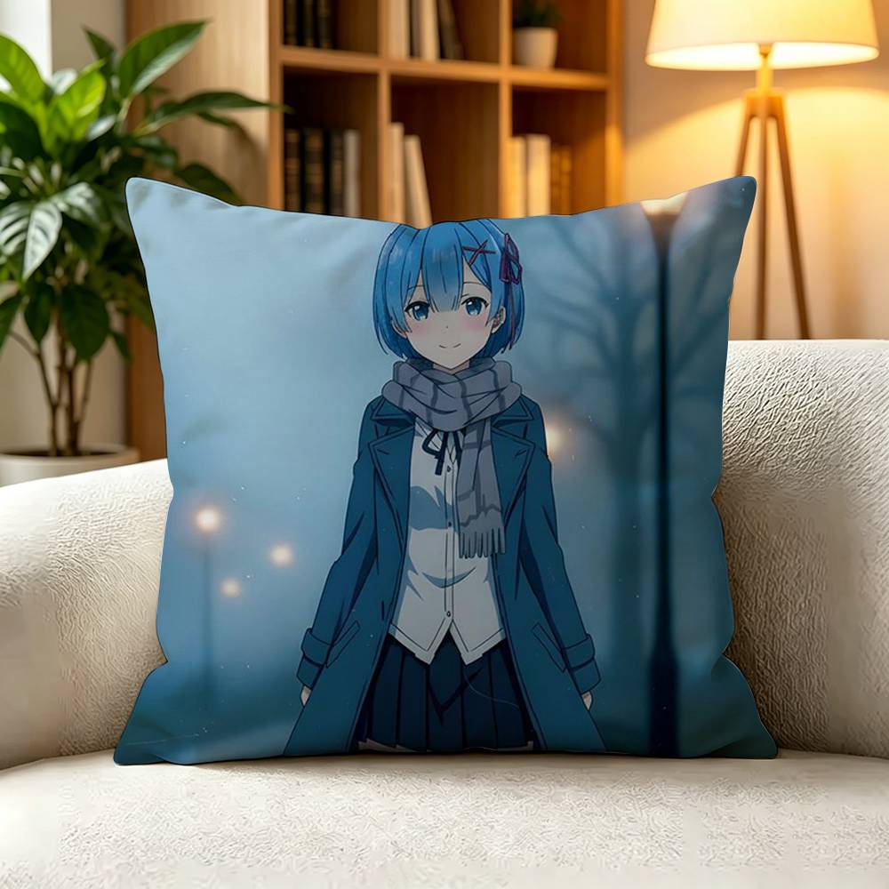 RReZERO Rem Blue Hair Oni Girl Square DoubleSided printed Pillow Case Bedroom Bedside Pillow Sofa Cushion Cover