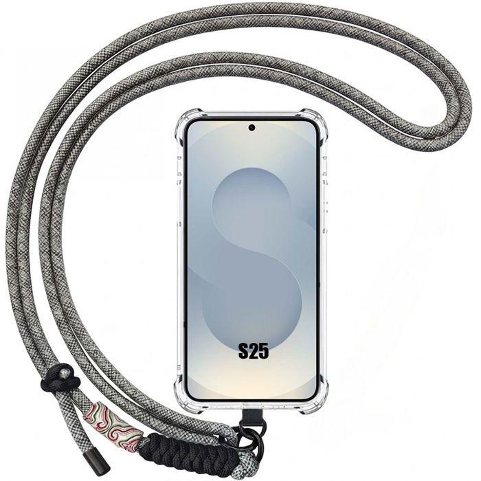 Coque pour Samsung Galaxy S25, Antichoc Transparent avec Bandoulière Démontable Noir