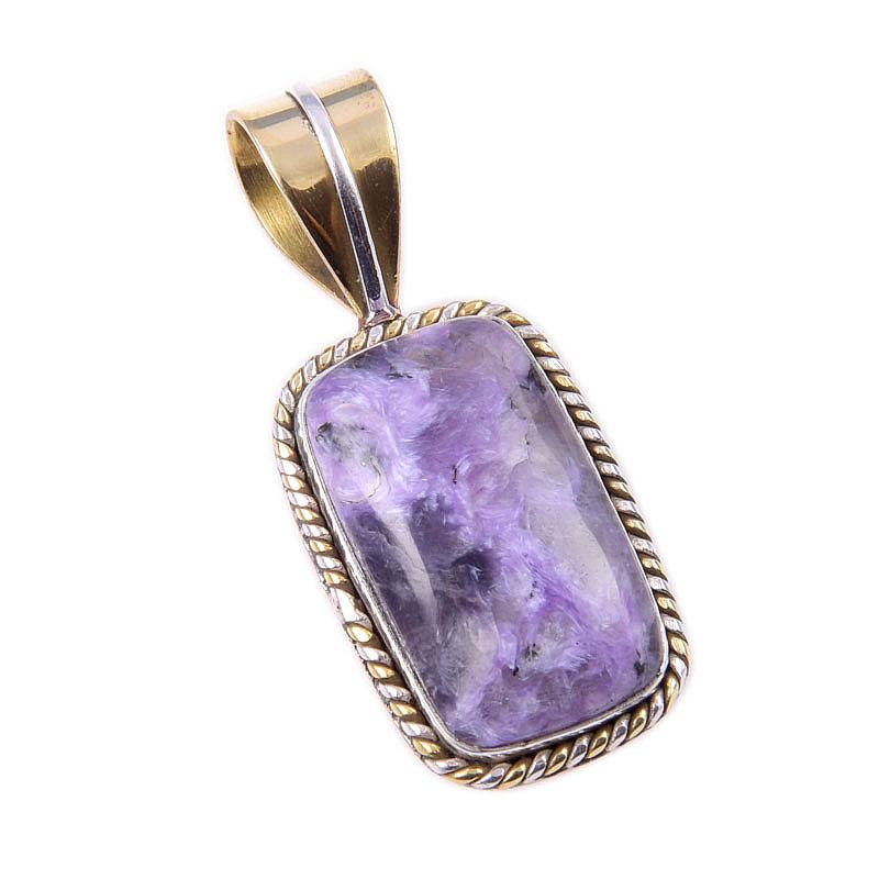 Подвеска из натурального драгоценного камня чароит из стерлингового серебра 925 пробы в двух тонах 1,25 дюйма C9U00