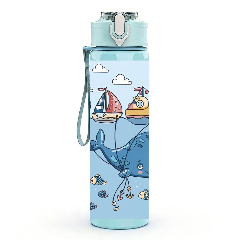 1PC Whale Ocean Cartoon Animal Print 750ml Color Plastic Sports Water Bottle Leakproof Flip Straw Lid Suitable for Sports Office Home Use