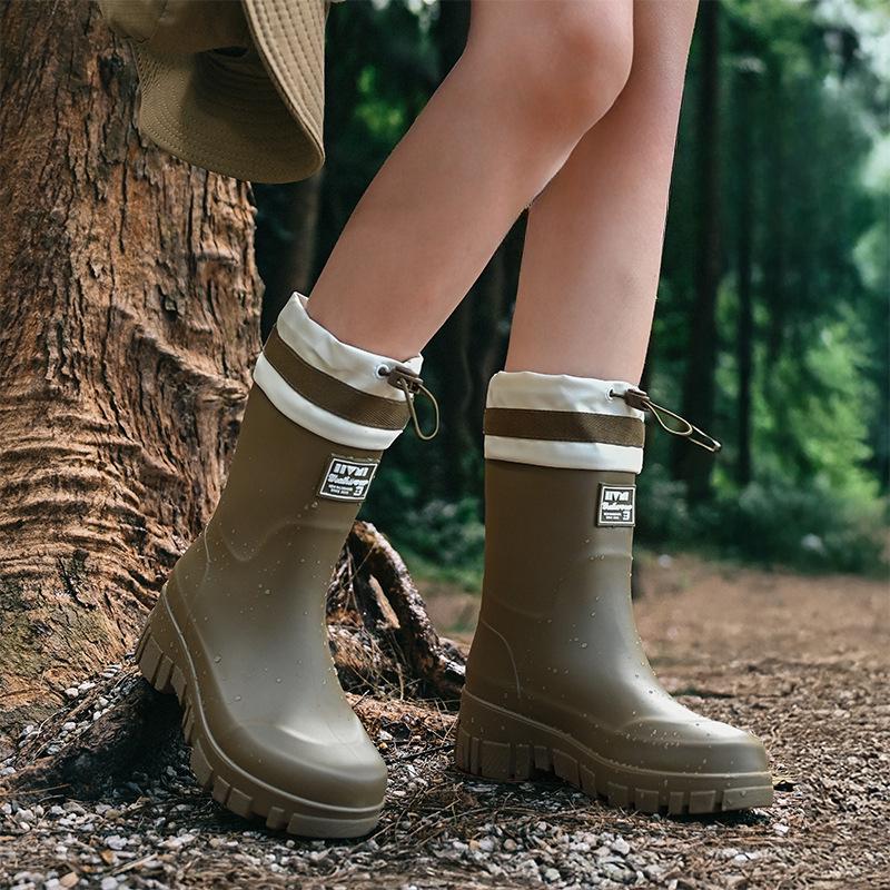 New Heightened Bundle Middle Tube Long Rain Boots Women's Waterproof, Non-slip and Wear-resistant Outer Shoes Kitchen Work Sleeve Women's Shoes