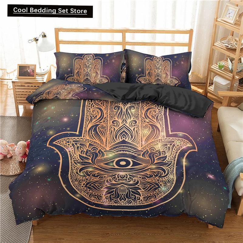 Comforter Hamsa Hand King Queen Gold Lucky Hand Of Fatima Bedding Set Black Boho Hippie Polyester Comforter