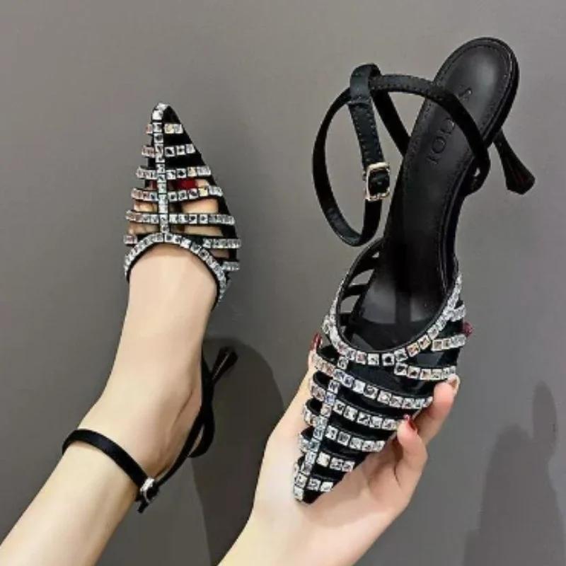 Модная женская обувь 2024 года, высококачественные женские босоножки с ремешком на щиколотке, летние сандалии с острым носком и пряжкой, туфли на шпильке или тонком каблуке, неглубокие босоножки