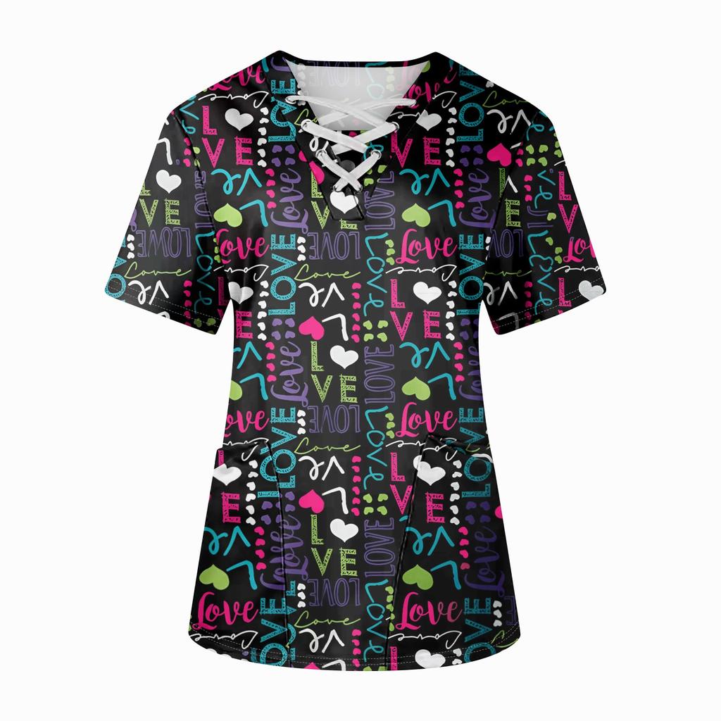 Плюс размерСкраб с принтом Рабочая форма Топы для женщин Крест V-образным вырезом Хэллоуин Принт с короткими рукавами Забавные футболки Спецодежда Футболка с карманами