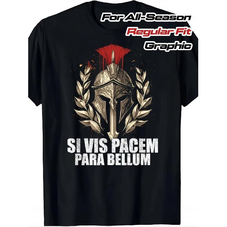 Мужская винтажная футболка с латинской пословицей Si Vis Pacem Para Bellum - Черная с золотым изображением шлема спартанца и лаврового венка, 100% хлопок, стандартный крой