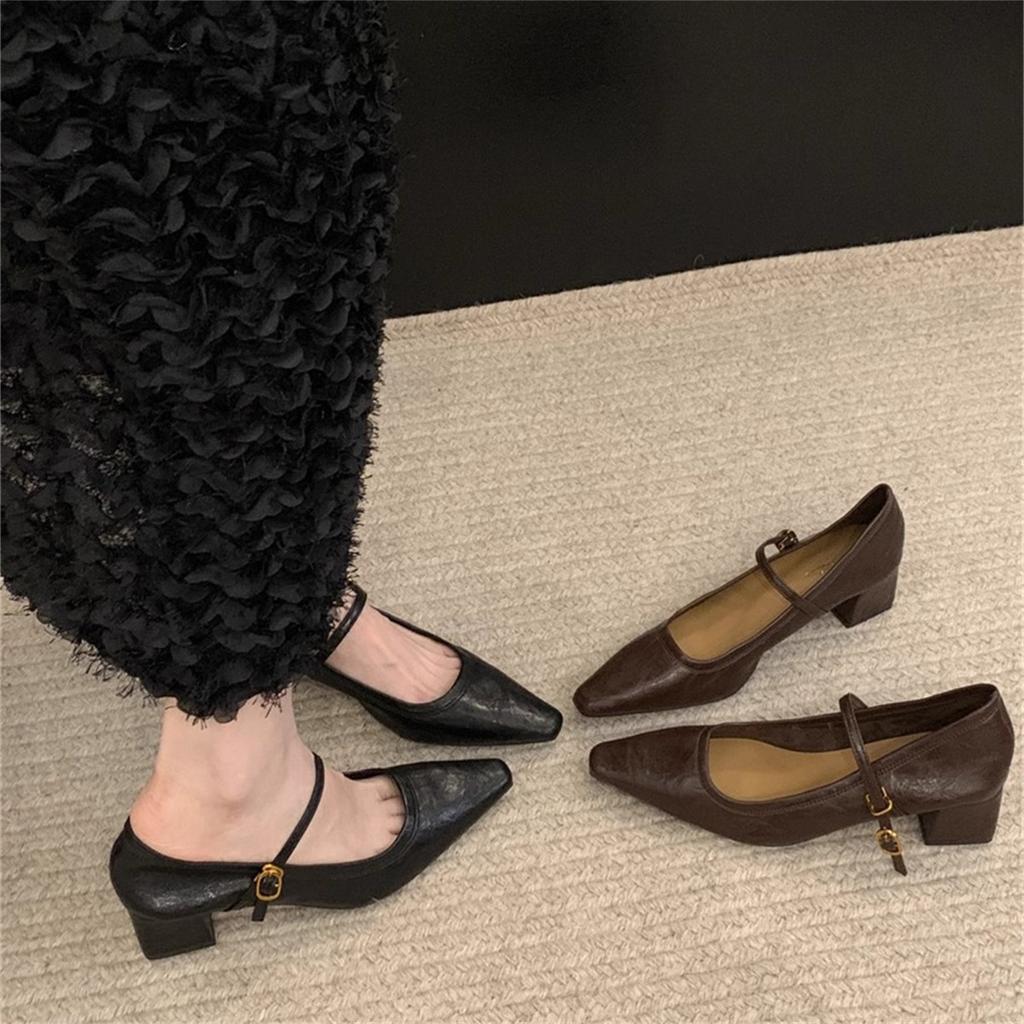 Туфли Мэри Джейн на высоком каблуке с острым носком и неглубоким носком, весенние туфли на толстом каблуке, французские туфли с юбкой, темпераментные туфли, женская обувь