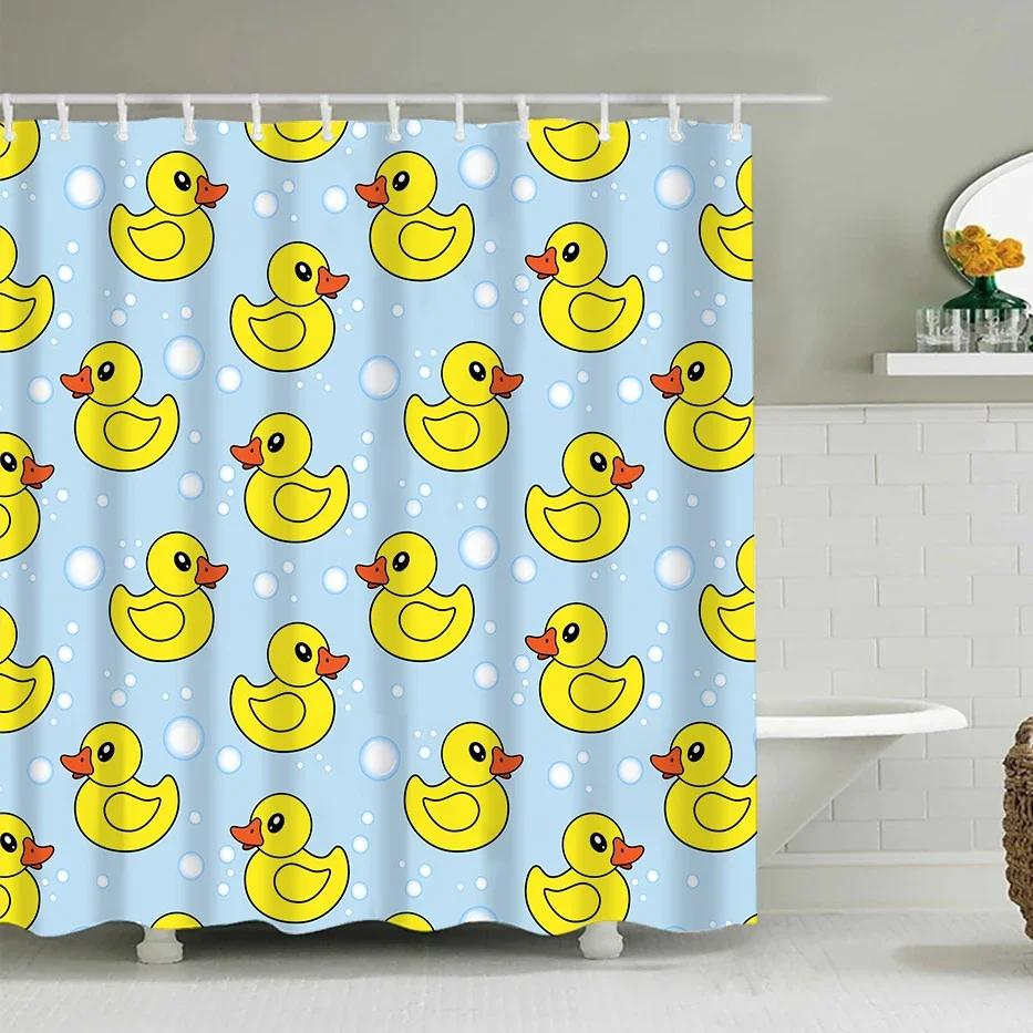 Duck Shower Curtain Cartoon Character Taking A Bath Colorful Drops Backdrop Dots,Cloth Fabric Bathroom Curtains with Hooks