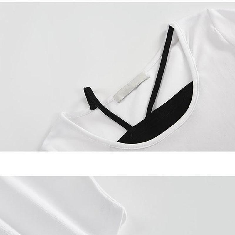 Необычный дизайн футболки, женский топ с длинными рукавами и шейным ремешком, тонкий, тонкий, в стиле пэчворк, искусственный комплект из двух предметов, яркое лето