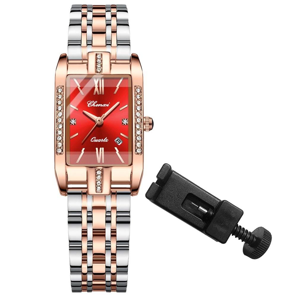 Oidea Women's Square Diamond Watch Quartz Elegant Female Watch Zircon Sparkling Roman Numerals Calendar Stainless Steel Band Red