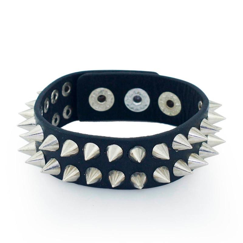 Rivet Delicate Gothic Spikes Cuspidal Cone Stud Cuff Black Leather Bracelets Bangles Punk Bracelet