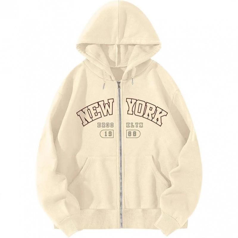 Womens Letter Print Hooded Sweatshirt Fleece Lined Zip Up Casual Sports Long Sleeve Outerwear