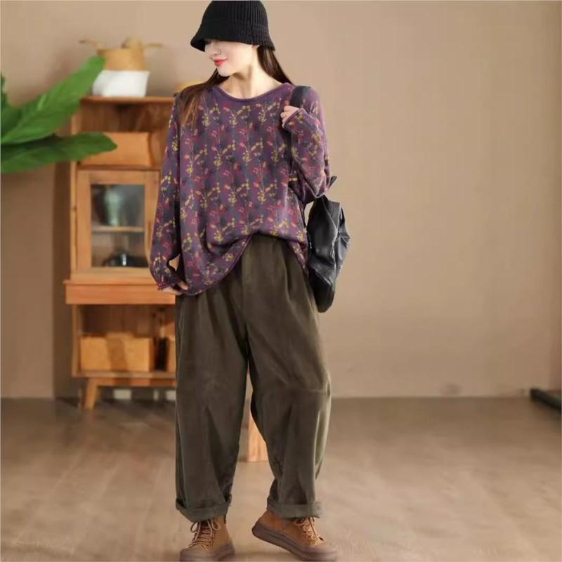 Johnature Нишевая футболка с цветочным принтом, модная, индивидуальная, винтажная, с круглым вырезом, с длинными рукавами, в китайском стиле, свободная, повседневная футболка