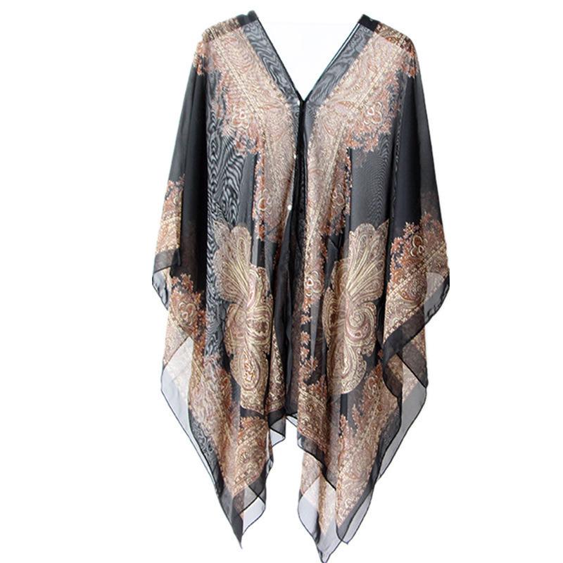 Women's Cashew Print Pearl Beaded Chiffon Scarf - Sun Protection, Extra Large, Thin Beach Towel Wrap